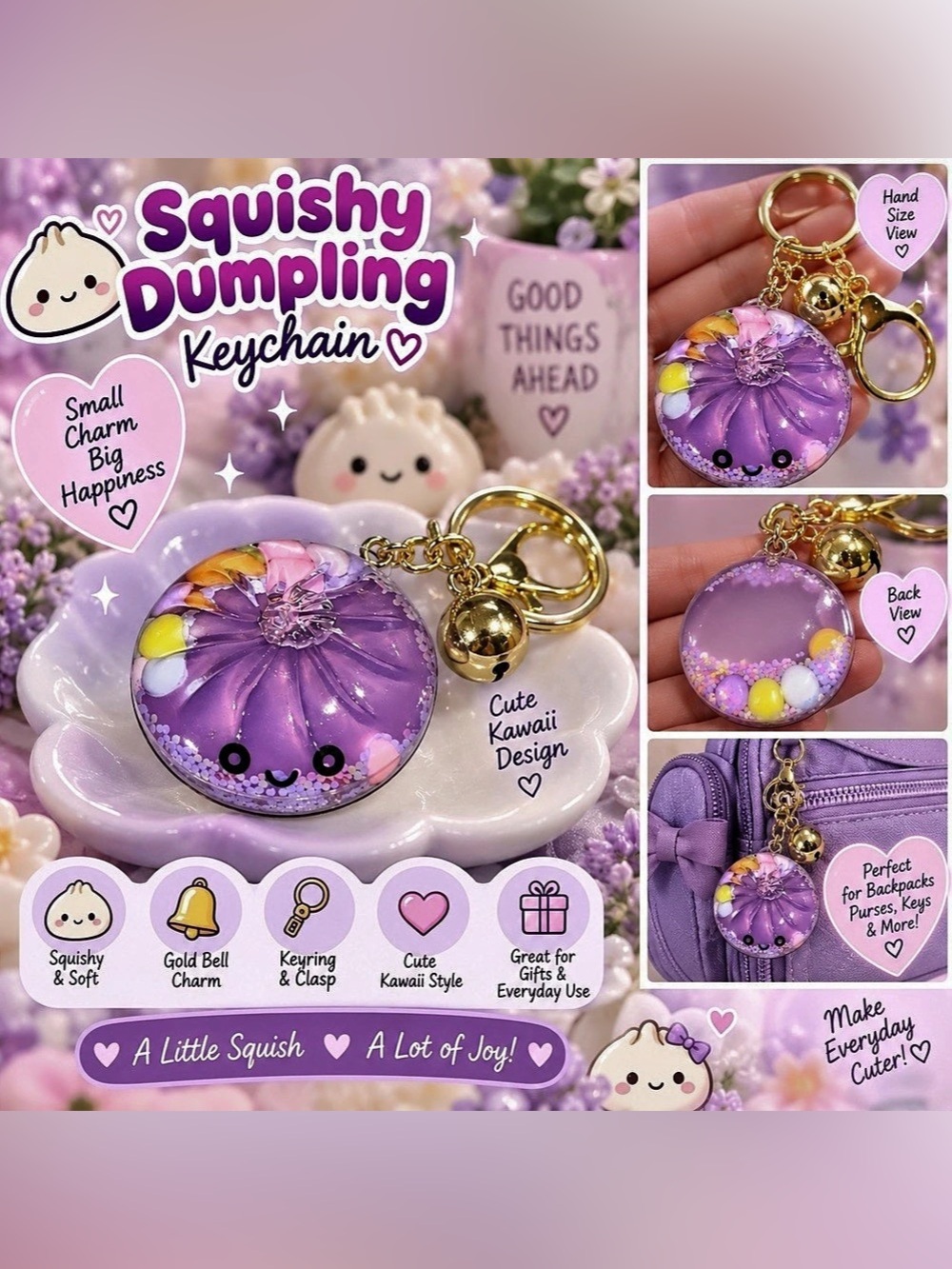 Purple Squishy Dumpling Keychain Kawaii Bell Charm Backpack Purse Bag Clip NEW